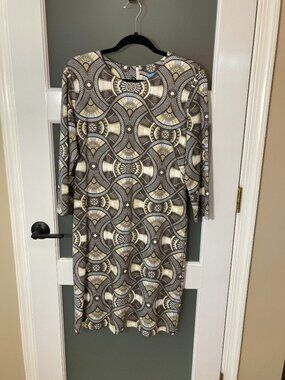 J. McLaughlin Devon Sheath Dress Brown Tan Mosaic Geometric 3/4 Sleeve Size M